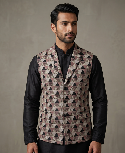 Prism Geometric Embroidered Waistcoat in Black and Rose Gold
