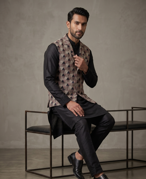 Prism Geometric Embroidered Waistcoat in Black and Rose Gold