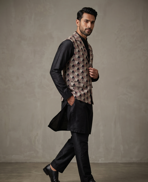 Prism Geometric Embroidered Waistcoat in Black and Rose Gold