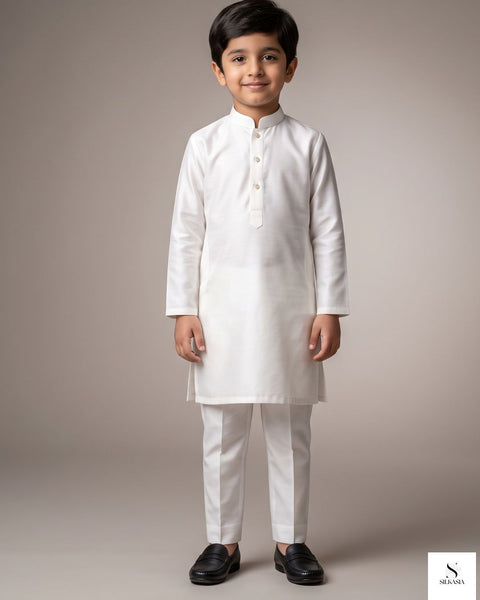 Kids Ivory Off-White PK Raw Silk Kurta Set