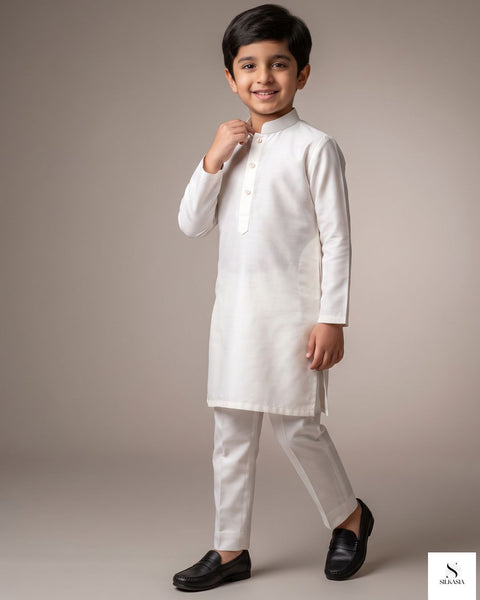 Kids Ivory Off-White PK Raw Silk Kurta Set