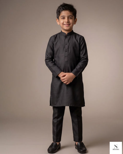 Kids Premium Black PK Raw Silk Kurta Set