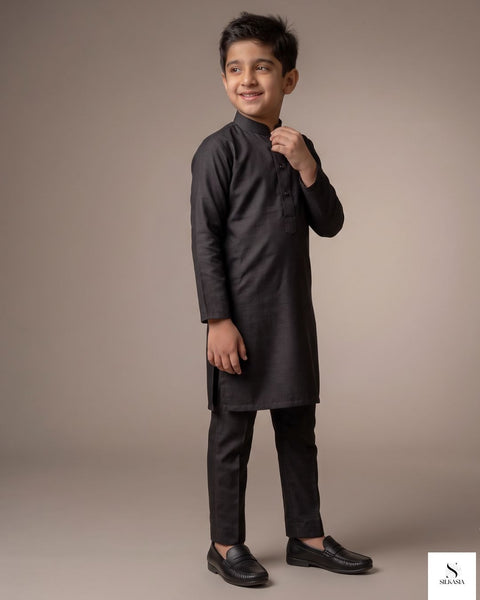 Kids Premium Black PK Raw Silk Kurta Set