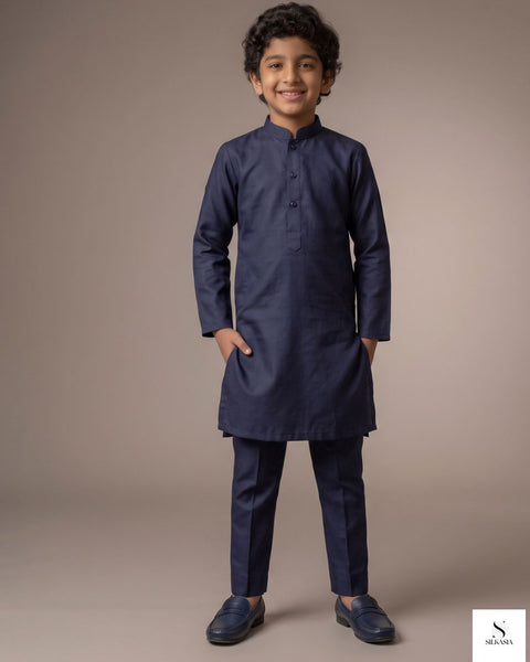 Royal Navy Blue PK Raw Silk Kurta Trouser Set for Kids