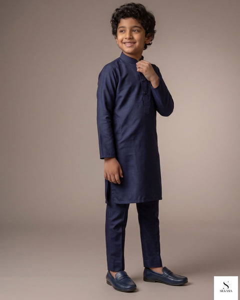 Royal Navy Blue PK Raw Silk Kurta Trouser Set for Kids