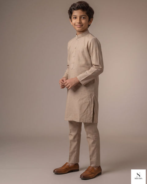Elegant Fawn Beige PK Raw Silk Kurta Trouser Set for Kids