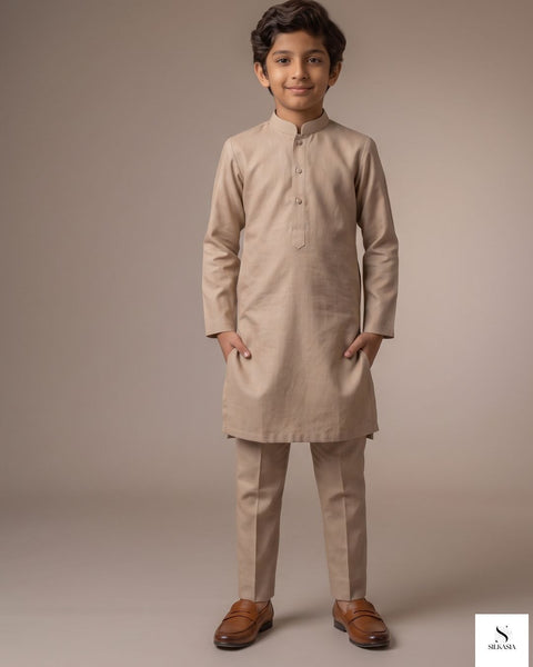 Elegant Fawn Beige PK Raw Silk Kurta Trouser Set for Kids