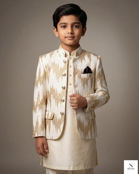 Regal Cream & Gold Sequined Prince Coat for Boys