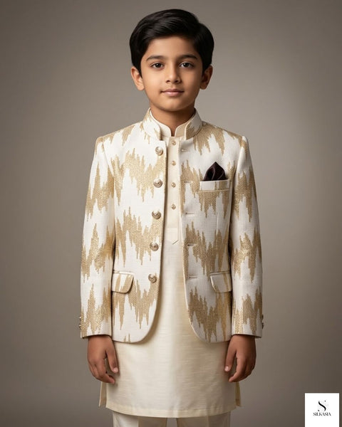 Regal Cream & Gold Sequined Prince Coat for Boys