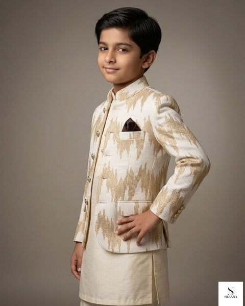 Regal Cream & Gold Sequined Prince Coat for Boys