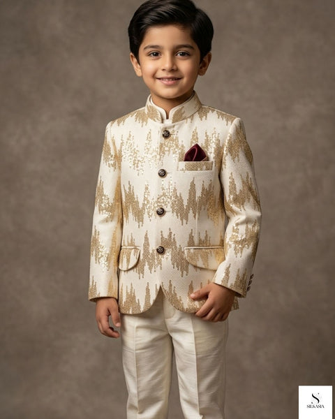 Regal Cream & Gold Sequined Prince Coat for Boys
