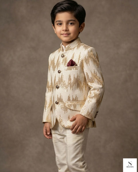 Regal Cream & Gold Sequined Prince Coat for Boys