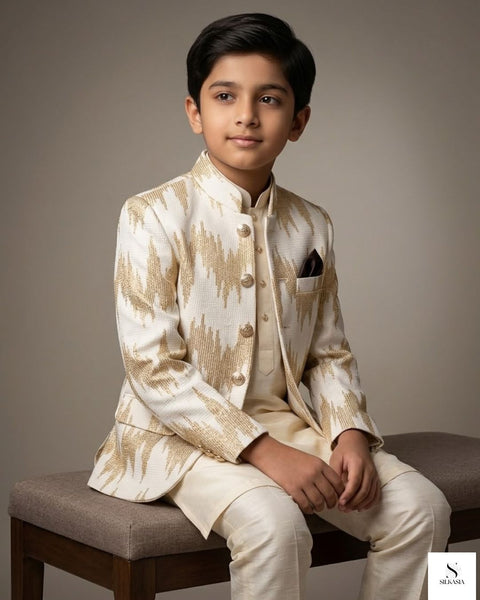 Regal Cream & Gold Sequined Prince Coat for Boys