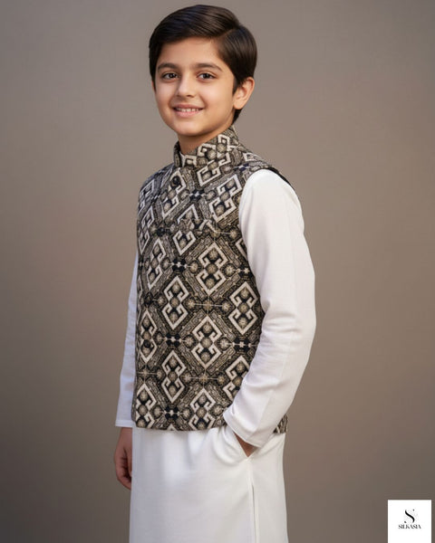 Regal Geometric Zari & Resham PK Raw Silk Waistcoat for Boys