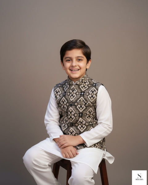 Regal Geometric Zari & Resham PK Raw Silk Waistcoat for Boys