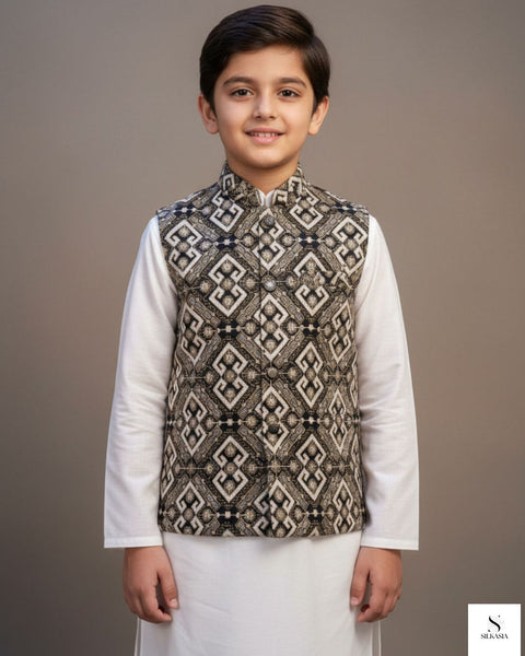 Regal Geometric Zari & Resham PK Raw Silk Waistcoat for Boys