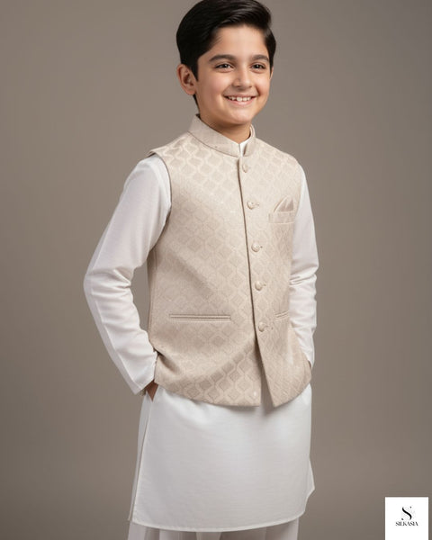 Off-White & Cream Textured Geometric Waistcoat Set
