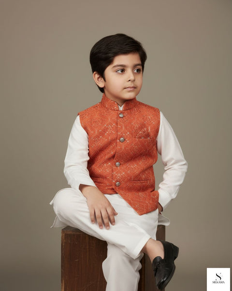 Terracotta Rust Geometric Embroidered Waistcoat Set