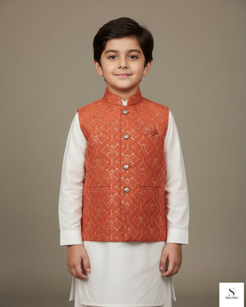 Terracotta Rust Geometric Embroidered Waistcoat Set