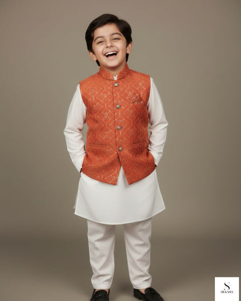 Terracotta Rust Geometric Embroidered Waistcoat Set