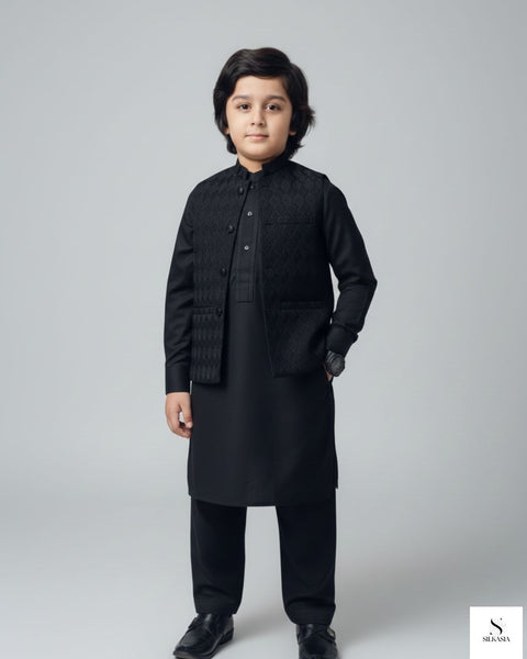 Midnight Black Self-Embroidered Waistcoat Set