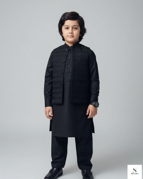 Midnight Black Self-Embroidered Waistcoat Set