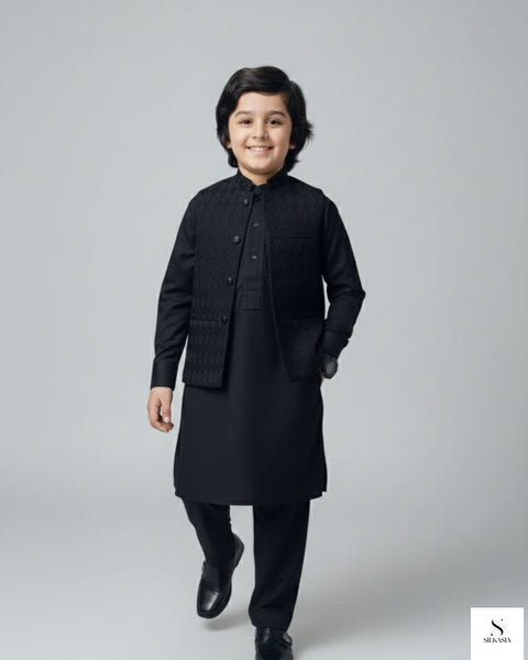 Midnight Black Self-Embroidered Waistcoat Set