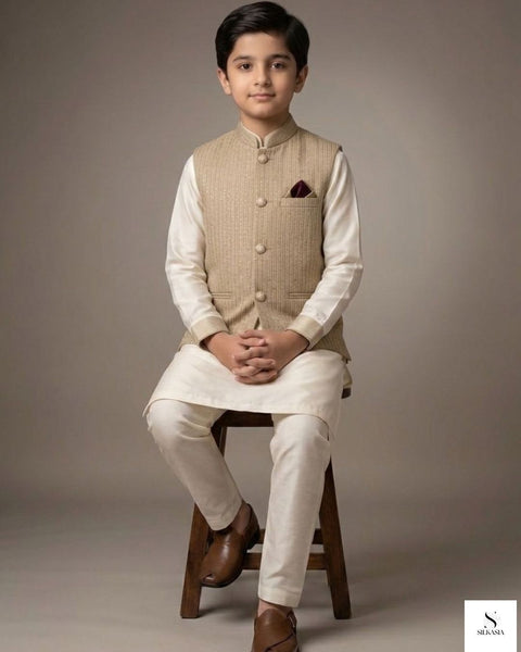 Golden Beige Fine-Striped Embroidered Waistcoat Set
