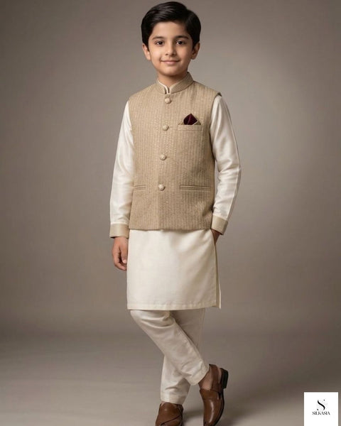 Golden Beige Fine-Striped Embroidered Waistcoat Set