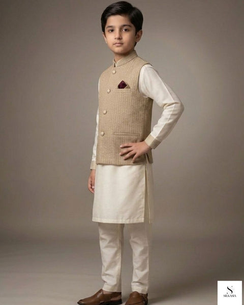 Golden Beige Fine-Striped Embroidered Waistcoat Set