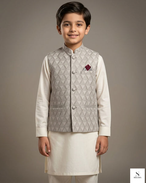 Platinum Grey Geometric Triangle Embroidered Waistcoat Set