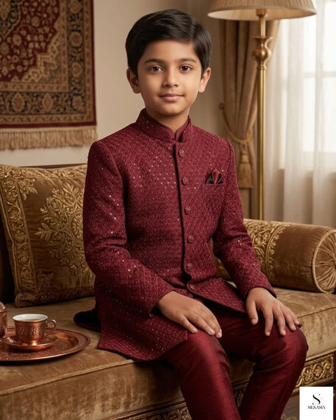 Royal Maroon Sequin-Embroidered Sherwani Set