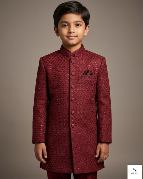 Royal Maroon Sequin-Embroidered Sherwani Set