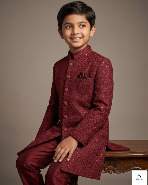 Royal Maroon Sequin-Embroidered Sherwani Set