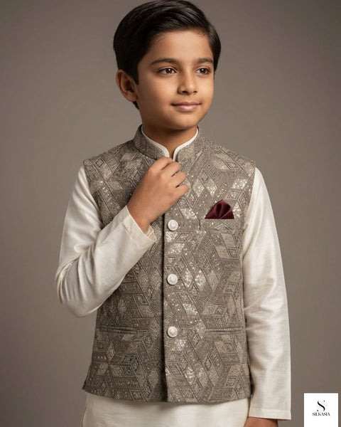 Metallic Sage Self-Embroidered Raw Silk Waistcoat