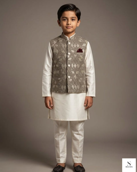 Metallic Sage Self-Embroidered Raw Silk Waistcoat