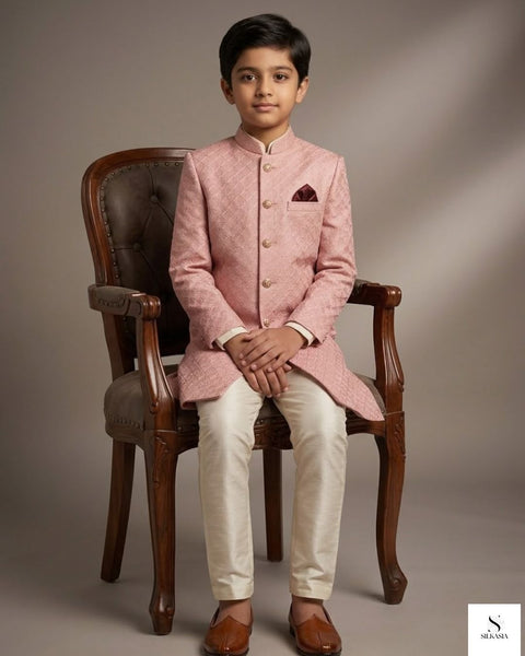 Peach Self-Embroidered Fabric with Subtle Water Sequins – Kids’ Sherwani Edition
