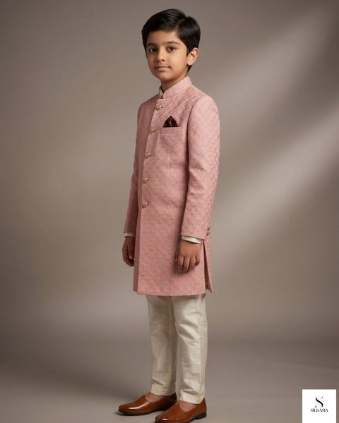 Peach Self-Embroidered Fabric with Subtle Water Sequins – Kids’ Sherwani Edition