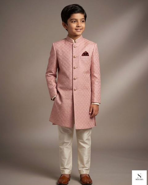 Peach Self-Embroidered Fabric with Subtle Water Sequins – Kids’ Sherwani Edition