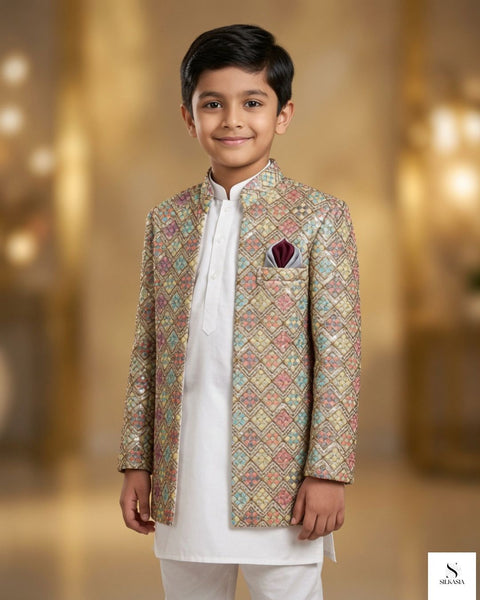 Pastel Multi-Geometric Sequin Open Prince Coat Set
