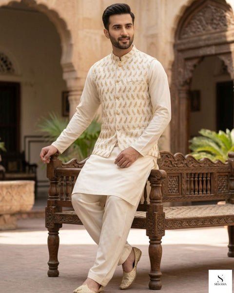 Ivory Sequined Leaf Waistcoat Set in Korean Raw Silk