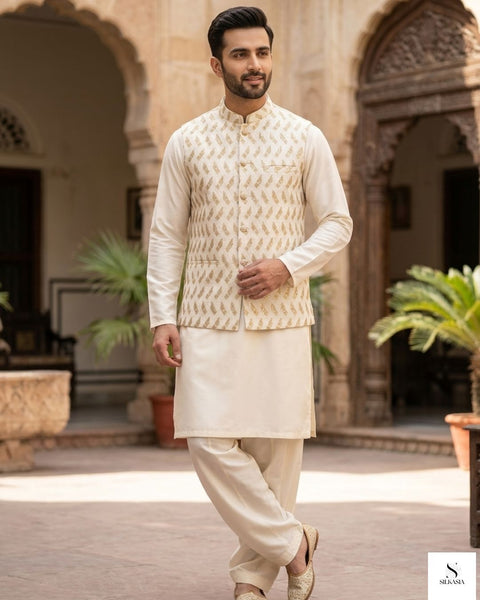 Ivory Sequined Leaf Waistcoat Set in Korean Raw Silk