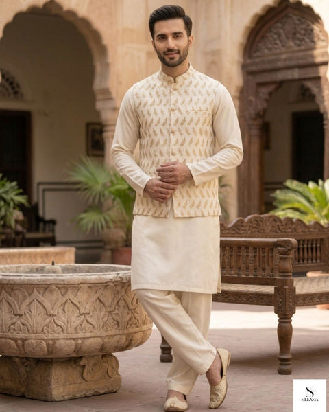 Ivory Sequined Leaf Waistcoat Set in Korean Raw Silk