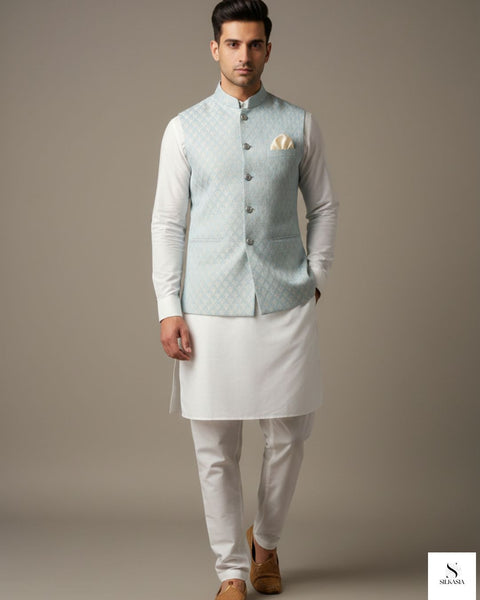 Aqua Turquoise Geometric Pattern Waistcoat with Premium White Wash & Wear Suit