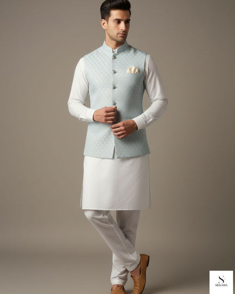 Aqua Turquoise Geometric Pattern Waistcoat with Premium White Wash & Wear Suit
