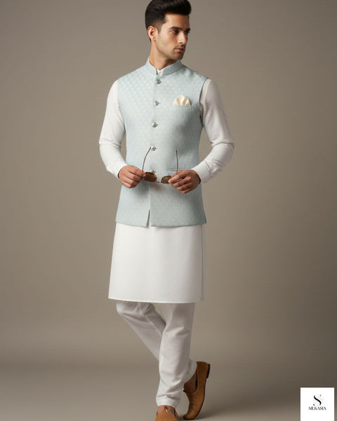 Aqua Turquoise Geometric Pattern Waistcoat with Premium White Wash & Wear Suit