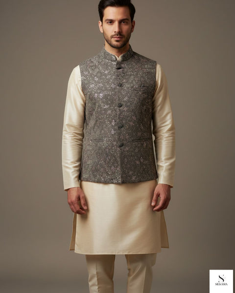 Sage Green Embroidered Raw Silk Waistcoat with Cream Tussar Silk Kurta Suit