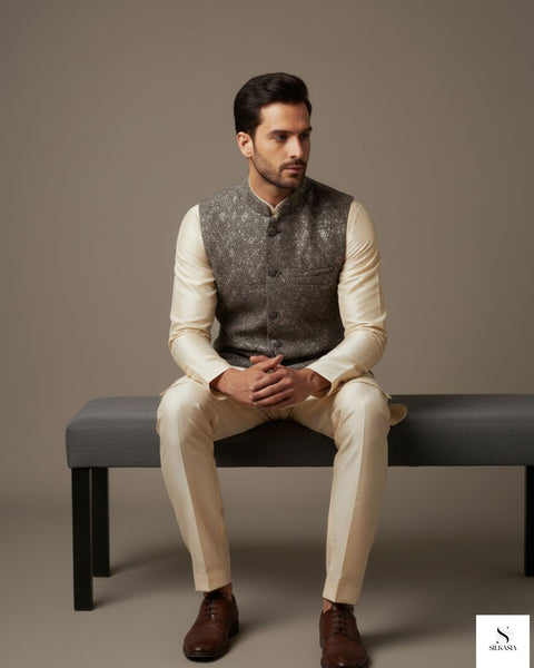 Sage Green Embroidered Raw Silk Waistcoat with Cream Tussar Silk Kurta Suit