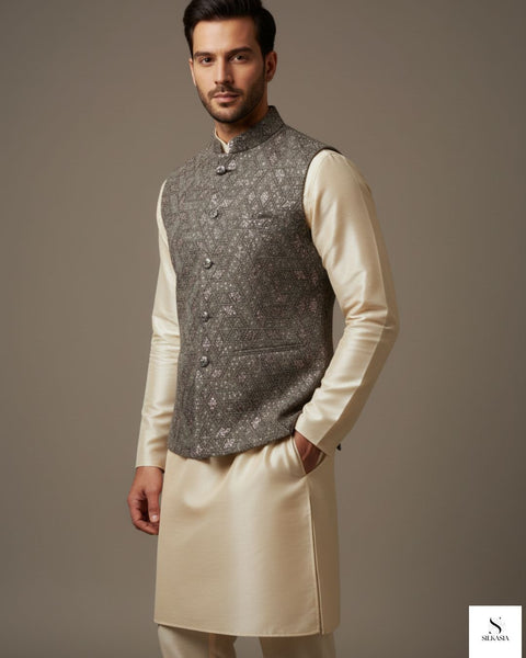 Sage Green Embroidered Raw Silk Waistcoat with Cream Tussar Silk Kurta Suit