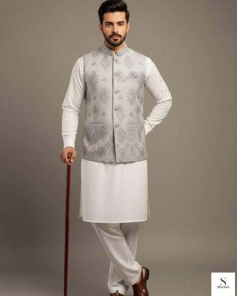 Light Grey Damask Embroidered Raw Silk Waistcoat Set